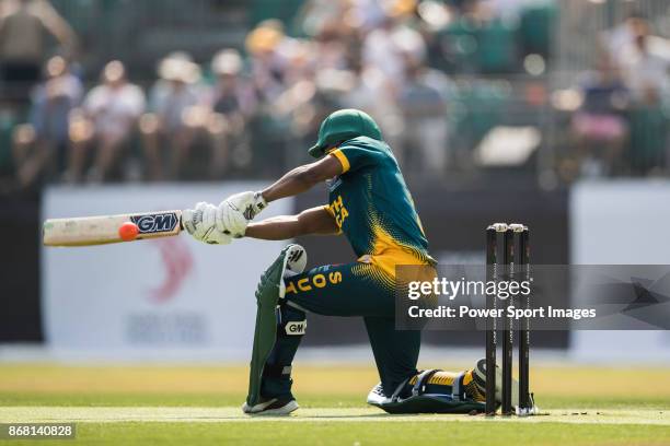 Jerry Nqolo of South Africa hits a shot during Day 1 of Hong Kong Cricket World Sixes 2017 Group A match between South Africa vs Pakistan at Kowloon...