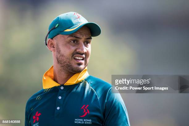Aubrey Swanepoel of South Africa looks on during Day 1 of Hong Kong Cricket World Sixes 2017 Group A match between South Africa vs Pakistan at...