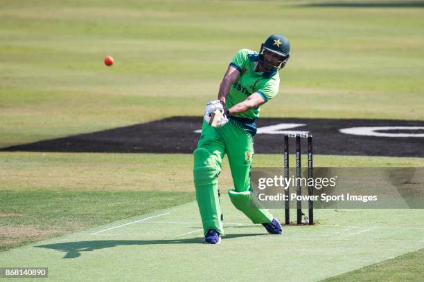 Captain Sohail Tanvir of Pakistan hits a shot during Day 1 of Hong Kong Cricket World Sixes 2017 Group A match between South Africa vs Pakistan at...