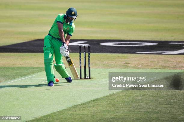 Captain Sohail Tanvir of Pakistan hits a shot during Day 1 of Hong Kong Cricket World Sixes 2017 Group A match between South Africa vs Pakistan at...