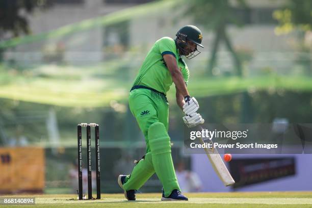 Captain Sohail Tanvir of Pakistan hits a shot during Day 1 of Hong Kong Cricket World Sixes 2017 Group A match between South Africa vs Pakistan at...