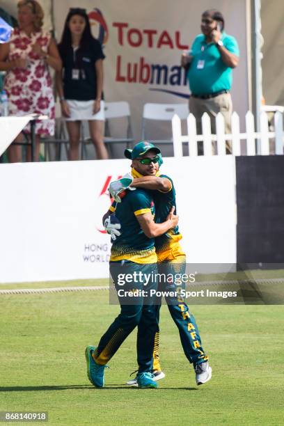 Aubrey Swanepoel of South Africa celebrates during Day 1 of Hong Kong Cricket World Sixes 2017 Group A match between South Africa vs Pakistan at...