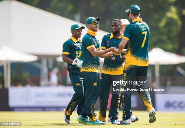 Aubrey Swanepoel of South Africa celebrates during Day 1 of Hong Kong Cricket World Sixes 2017 Group A match between South Africa vs Pakistan at...