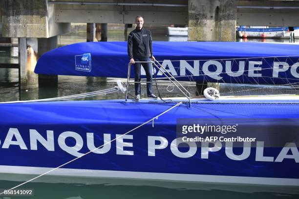 French skipper Armel Le Cleac'h poses during the launch of his new Ultim multihull category boat, the Maxi Banque Populaire IX, on October 30, 2017...