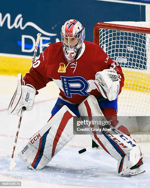 Zachary Fucale of the Laval Rocket skates in warmup prior to a game against the Toronto Marlies on October 28, 2017 at Ricoh Coliseum in Toronto,...