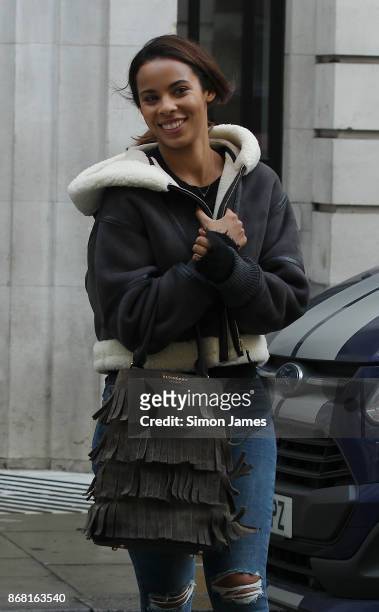 Rochelle Humes seen at the BBC on October 30, 2017 in London, England.