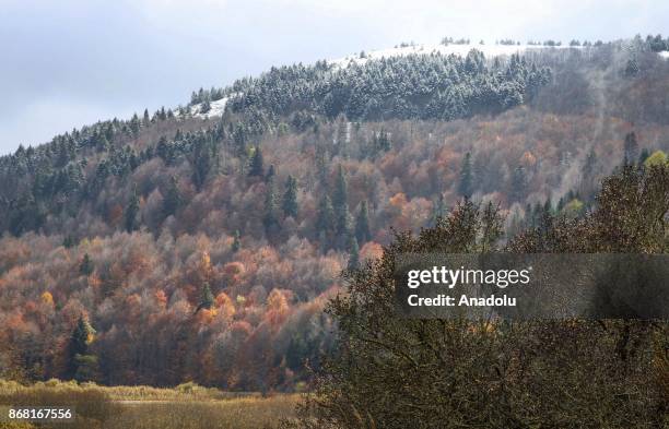 Mountain peak sees first snowfall of season at Lake Abant Nature Park in Bolu, Turkey on October 30, 2017. Lake Abant is a freshwater lake in...