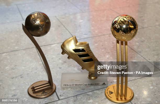 General view of Rhian Brewster's Adidas Bronze Ball trophy , Rhian Brewster's Adidas Golden Boot trophy and Phil Foden's Adidas Golden ball trophy as...