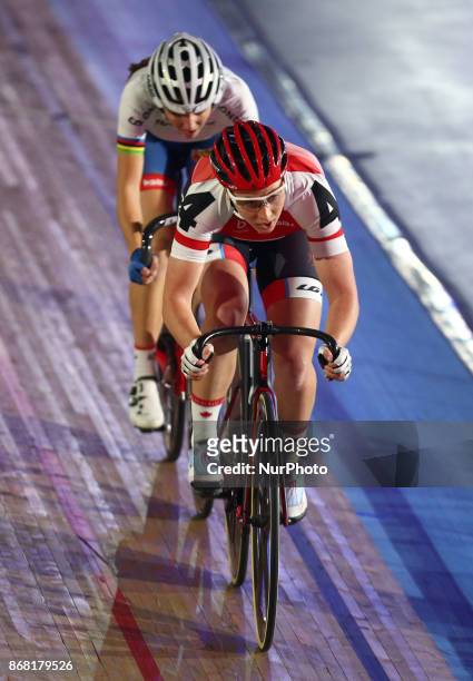 Alison Beveridge of Canade compete in the 10km Points Race during day four of the London Six Day Race at the Lee Valley Velopark Velodrome on October...