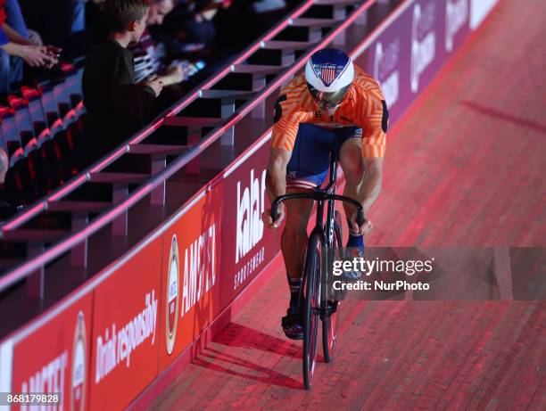 Nate Koch of USA compete in the 200m Flying Times Trial during day four of the London Six Day Race at the Lee Valley Velopark Velodrome on October...