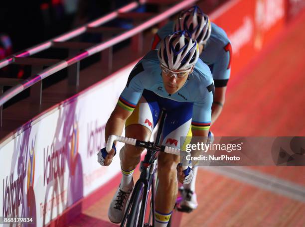 Kenny de Ketele of Belgium compete in the 200m Flying Times Trial during day four of the London Six Day Race at the Lee Valley Velopark Velodrome on...