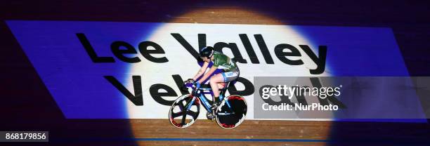 Katie Archibald of Great Britain compete in the Team Elimination Race during day four of the London Six Day Race at the Lee Valley Velopark Velodrome...