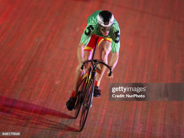 Juan Peralta of Spain compete in the 200m Flying Times Trial during day four of the London Six Day Race at the Lee Valley Velopark Velodrome on...