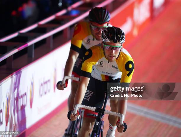 Theo Reinhardt of Germany compete in the 200m Flying Times Trial during day four of the London Six Day Race at the Lee Valley Velopark Velodrome on...