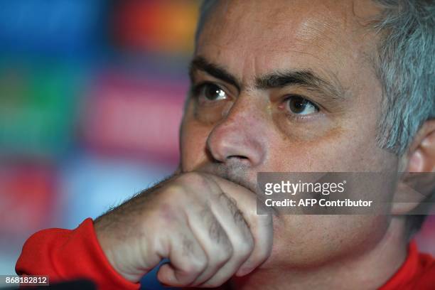 Manchester United's Portuguese manager Jose Mourinho attends a press conference at at Old Trafford in Manchester, north-west England on October 30 on...