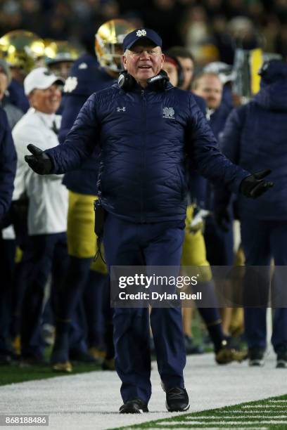 Head coach Brian Kelly of the Notre Dame Fighting Irish reacts in the fourth quarter against the North Carolina State Wolfpack at Notre Dame Stadium...