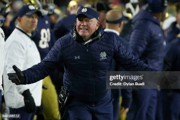 Head coach Brian Kelly of the Notre Dame Fighting Irish reacts in the fourth quarter against the North Carolina State Wolfpack at Notre Dame Stadium...