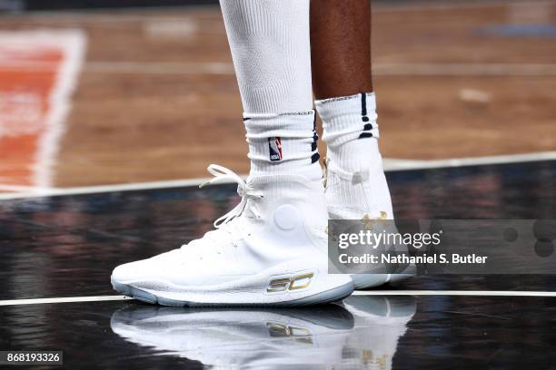 The sneakers of Emmanuel Mudiay of the Denver Nuggets during the game against the Brooklyn Nets on October 29, 2017 at Barclays Center in Brooklyn,...