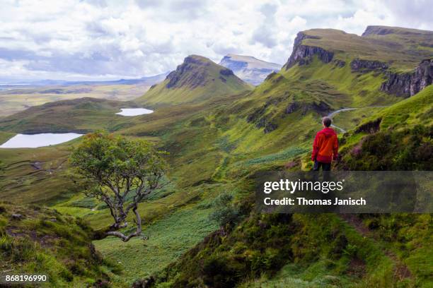 looking over the high cliffs and plateaus at the quiraing, scotland - highlands schottland wandern stock-fotos und bilder