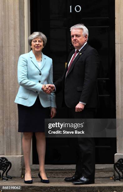 British Prime Minister Theresa May meets with Carwyn Jones, First Minster of Wales for talks in Number 10 Downing Street on 30 October 2017 in...