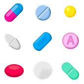 Set of different pills and capsules. Icons of medicament.