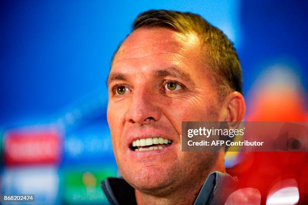 Celtic's head coach Brendan Rodgers attends a press conference at Celtic Park in Glasgow on October 30 on the eve of the UEFA Champions League Group...