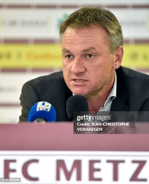 Metz's newly appointed French head-coach Frederic Hantz gives a press conference on October 30, 2017 at the Saint Symphorien stadium in...