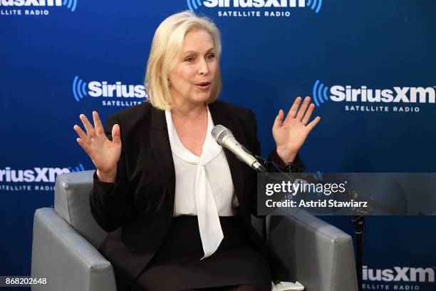 Senator Kirsten Gillibrand speaks during a SiriusXM "Town Hall" event with host Zerlina Maxwell at the SiriusXM studios on October 30, 2017 in New...