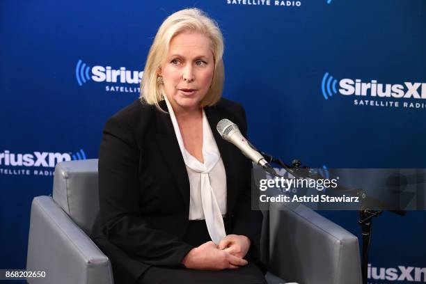 Senator Kirsten Gillibrand speaks during a SiriusXM "Town Hall" event with host Zerlina Maxwell at the SiriusXM studios on October 30, 2017 in New...