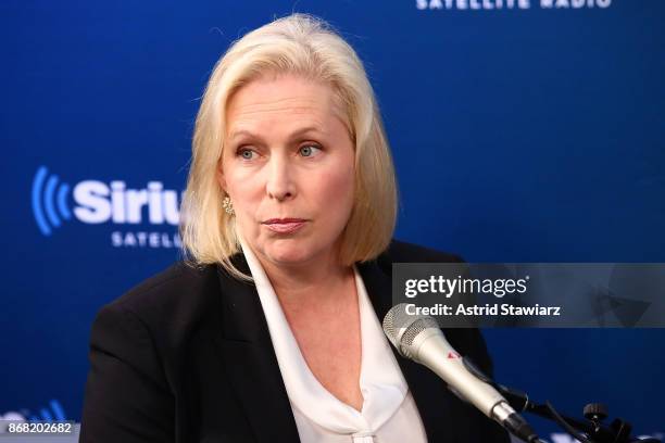 Senator Kirsten Gillibrand speaks during a SiriusXM "Town Hall" event with host Zerlina Maxwell at the SiriusXM studios on October 30, 2017 in New...