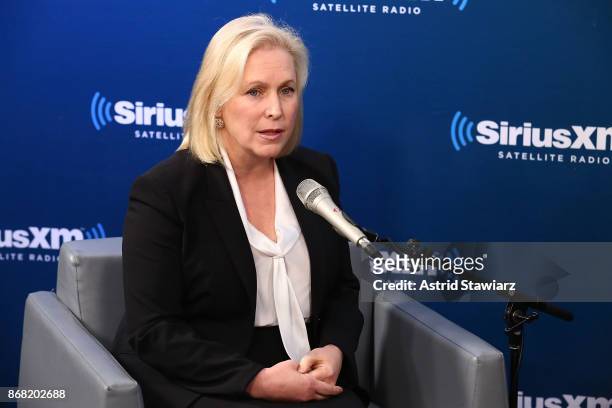 Senator Kirsten Gillibrand speaks during a SiriusXM "Town Hall" event with host Zerlina Maxwell at the SiriusXM studios on October 30, 2017 in New...