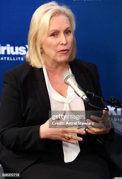 Senator Kirsten Gillibrand speaks during a SiriusXM "Town Hall" event with host Zerlina Maxwell at the SiriusXM studios on October 30, 2017 in New...