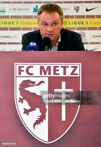 Metz's newly appointed French head-coach Frederic Hantz gives a press conference on October 30, 2017 at the Saint Symphorien stadium in...