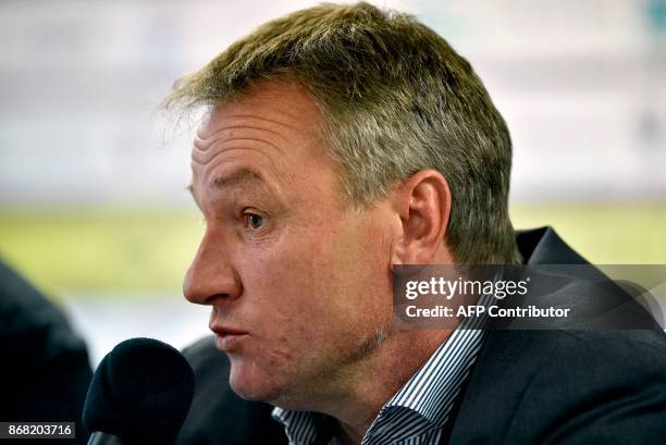 Metz's newly appointed French head-coach Frederic Hantz gives a press conference on October 30, 2017 at the Saint Symphorien stadium in...