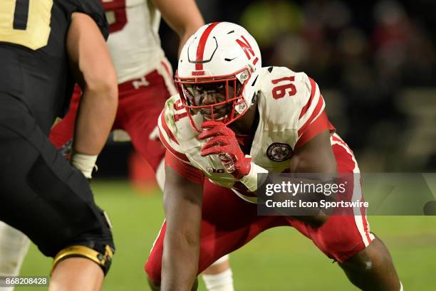 Nebraska Cornhuskers defensive lineman Freedom Akinmoladun lines up for a play during the Big Ten conference game between the Purdue Boilermakers and...
