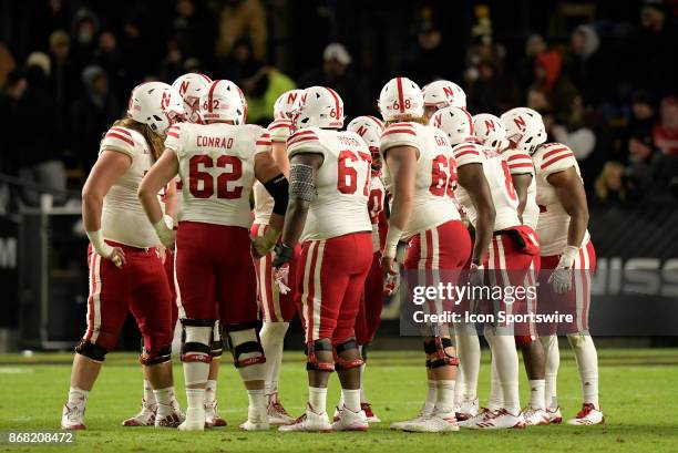 The Nebraska Cornhuskers huddle up during the Big Ten conference game between the Purdue Boilermakers and the Nebraska Cornhuskers on October 28 at...