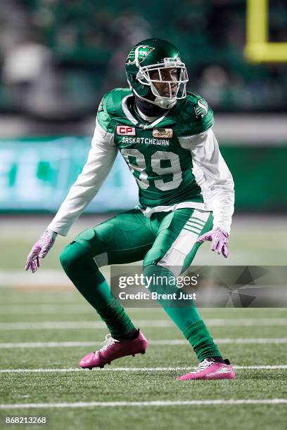 Duron Carter of the Saskatchewan Roughriders playing defensive back in the game between the Montreal Alouettes and Saskatchewan Roughriders at Mosaic...