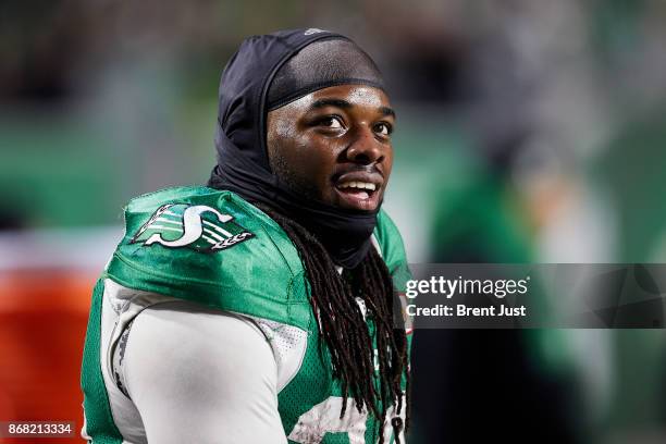 Trent Richardson of the Saskatchewan Roughriders on the sideline during the game between the Montreal Alouettes and Saskatchewan Roughriders at...