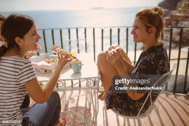 pizza and friends - amalfi stock pictures, royalty-free photos & images