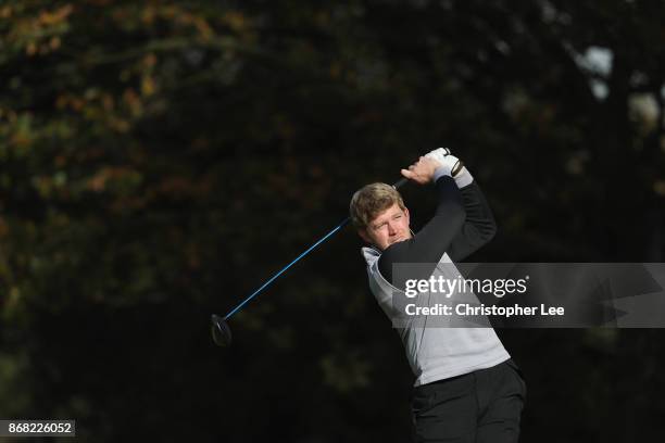 Adam Keogh of Spalding Golf Club in action during Day 1 of the PGA Play-Offs at Walton Heath Golf Club on October 30, 2017 in Tadworth, England.