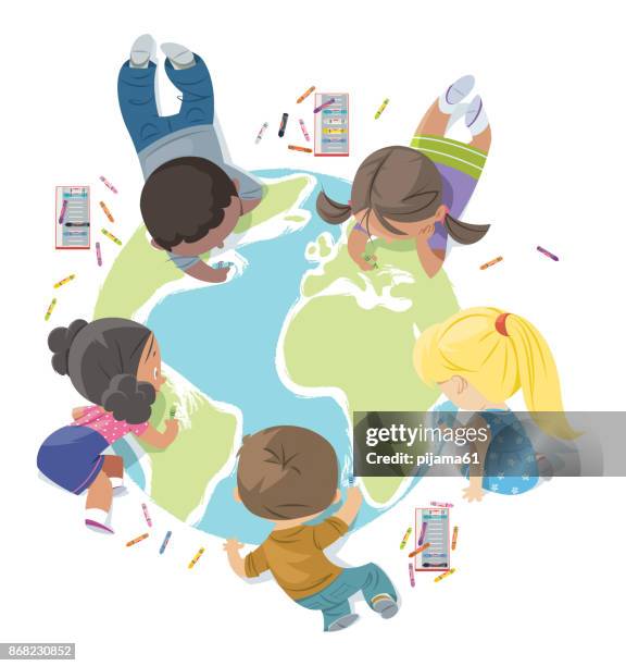 kids drawing the earth - learning environment stock illustrations