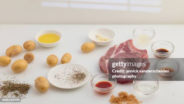 marinated cutlet dish mise en place. - sunflower seed oil stock pictures, royalty-free photos & images