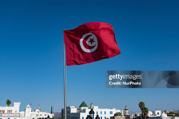 View of the Tunisian flag from the center of the Kasbah square in Tunis, Tunisia, on 17 septembre, 2017.