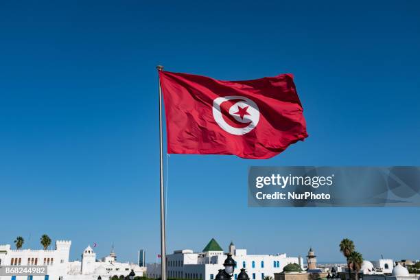 View of the Tunisian flag from the center of the Kasbah square in Tunis, Tunisia, on 17 septembre, 2017.
