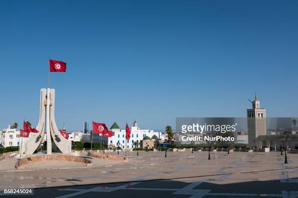 View of the Tunisian flag from the center of the Kasbah square in Tunis, Tunisia, on 17 septembre, 2017.