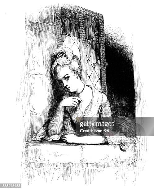 ilustrações de stock, clip art, desenhos animados e ícones de the woman by the window - eighteenth