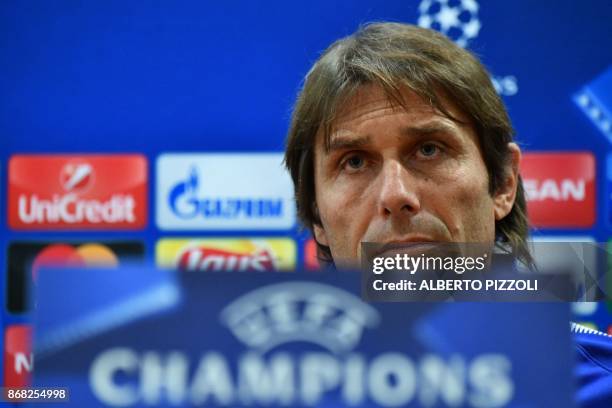 Chelsea's Italian head coach Antonio Conte attends a press conference on the eve of the UEFA Champions League football match AS Roma vs Chelsea, on...