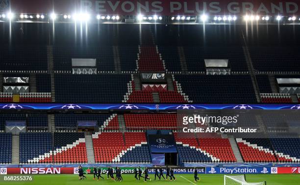 Anderlecht's players take part in a training session at the Parc des Princes stadium in Paris on October 30 on the eve of the UEFA Champions League...