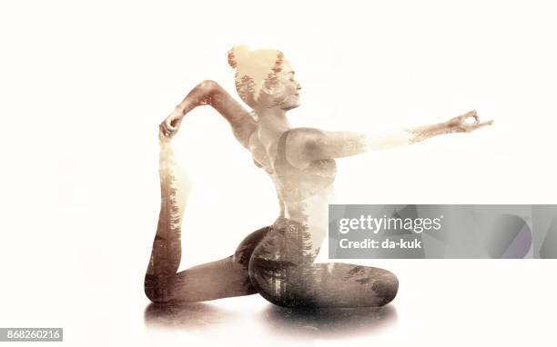 practicing yoga double exposure - woman body silhouette stock pictures, royalty-free photos & images