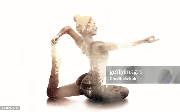 practicing yoga double exposure - body silhouette stock pictures, royalty-free photos & images